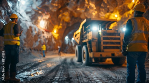 A miner looks at a giant mining truck in an underground mine.