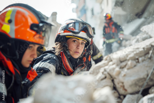 A team of female firefighters conducting a search and rescue operation in a collapsed building, their coordinated efforts and expertise instrumental in locating and extricating survivors trapped in photo