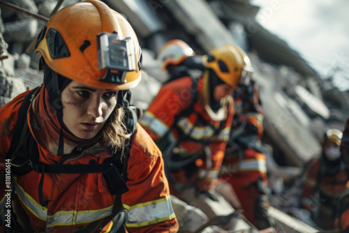 A team of female firefighters conducting a search and rescue operation in a collapsed building, their coordinated efforts and expertise instrumental in locating and extricating survivors trapped in photo