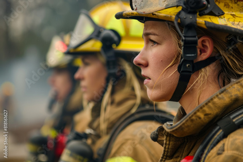 A team of female firefighters strategizing their response to a complex emergency situation, their unity and professionalism evident as they coordinate efforts and communicate effectively to ensure a photo