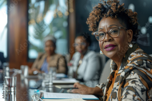African American businesswoman leading diverse team in boardroom.