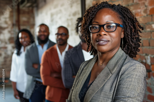 African American businesswoman leading innovative startup team.