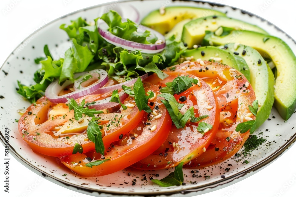 Salad with Avocado, Tomatoes and Onions on Flat Restaurant Plate Isolated on White Background Salad with Avocado, Tomatoes and Onions on Flat Restaurant Plate Isolated on White Background