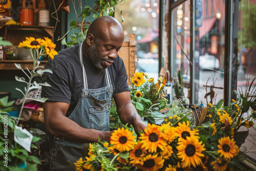 An African American florist arranging sunflowers and daisies in his urban flower shop, bringing a touch of nature to the bustling city streets. photo