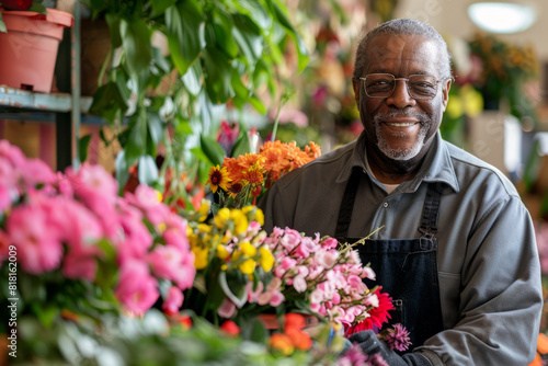 An African American florist passionately tending to his vibrant flower shop, his warm smile and expert floral arrangements attracting customers from all walks of life, spreading joy and beauty in the © AI_images_for_people