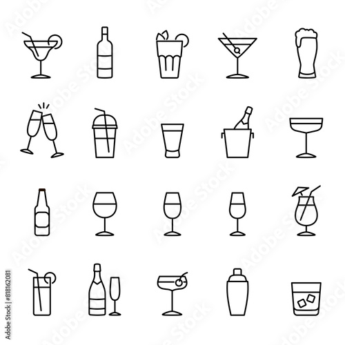Drinks and cocktails outline icons set. Celebration, party, holiday, bar or pub symbol. Editable stroke