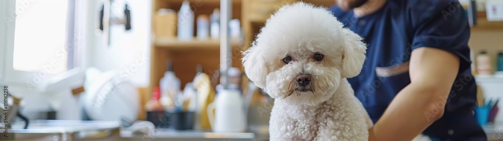Professional groomer attending to a Bichon Frise at a dog grooming salon, with a focus on the dogs fluffy coat and the salons modern amenities Professional groomer attending to a Bichon Frise at a dog grooming salon, with a focus on the dogs fluffy coat and the salons modern amenities