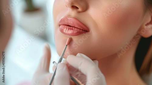 Lip augmentation and correction procedure in a cosmetology salon. The specialist makes a beauty injection