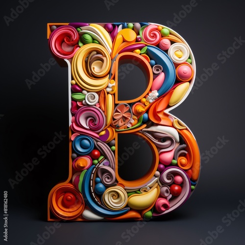 Letter B uppercase. 3D render font with colorful abstract pattern isolated on black background.
