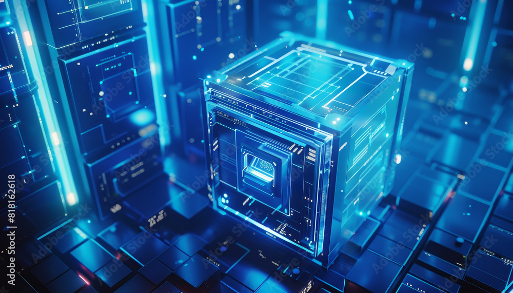 A blue cube with a screen on it is surrounded by other cubes by AI generated image A blue cube with a screen on it is surrounded by other cubes by AI generated image