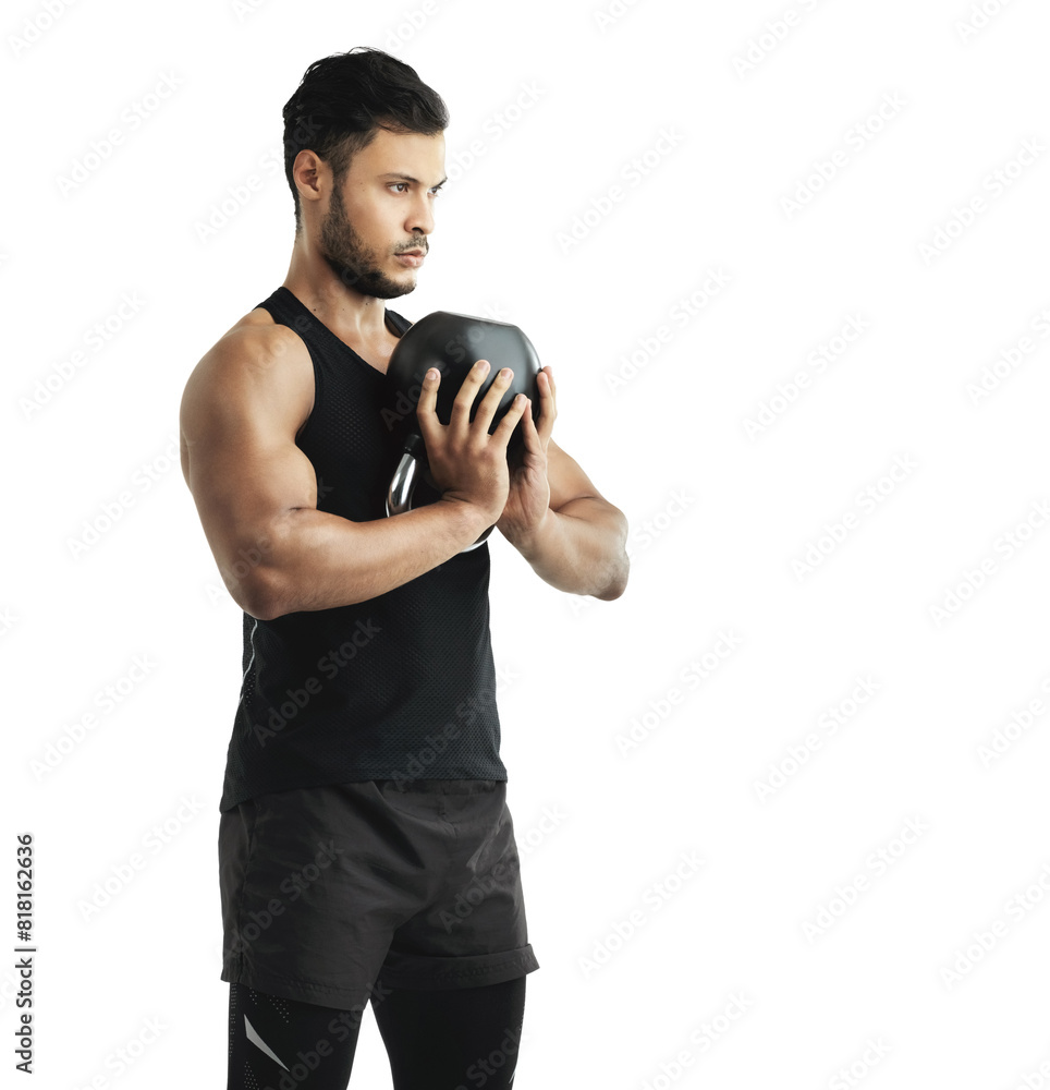 Man, fitness and exercise with kettlebell in studio for muscle, workout and healthy body. Gym, equipment and serious person with strength for resilience, training and endurance on white background Man, fitness and exercise with kettlebell in studio for muscle, workout and healthy body. Gym, equipment and serious person with strength for resilience, training and endurance on white background