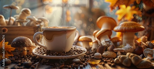 A cozy scene with a cup of mushroom coffee on a table, surrounded by different types of mushrooms and coffee beans, with a warm cafe ambiance.