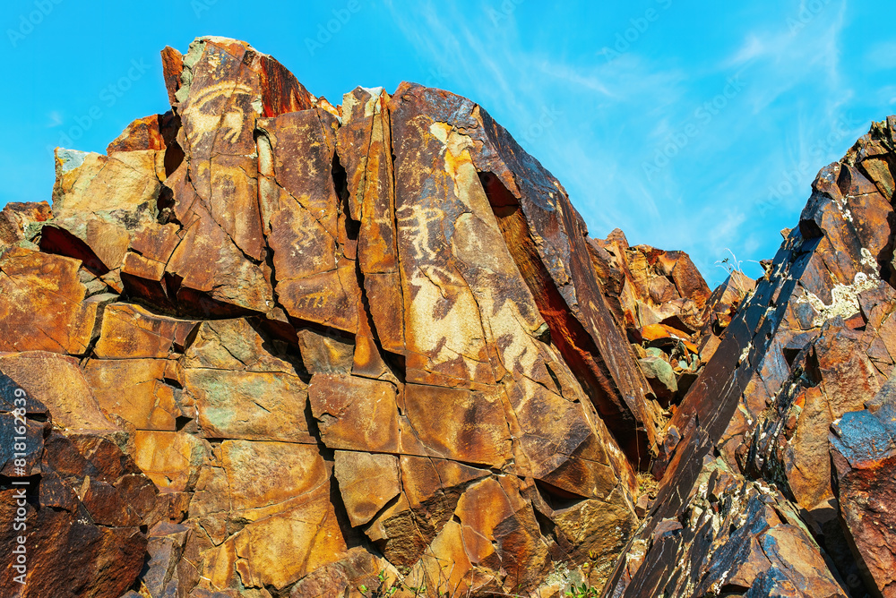 Ancient cave paintings on rocks in Karasay gorge, Taraz, Zhambyl Region ...