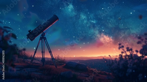 A telescope pointing towards a starry night sky.