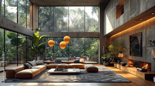 Large bright living room with large windows. Modern and luxury design elements.