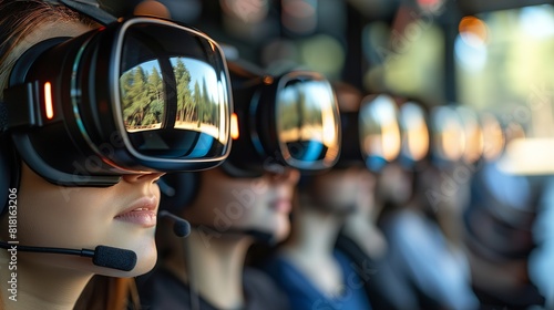 A group of individuals wearing virtual reality headsets, immersed in interactive digital experiences