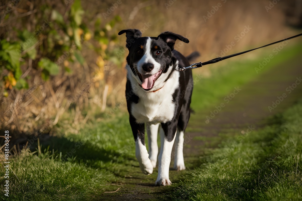 Black and white dog happily walks on green path with leash, surrounded by greenery