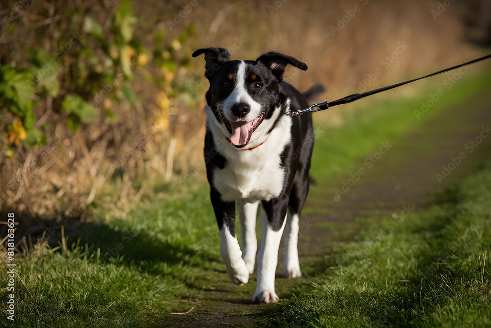 Black and white dog happily walks on green path with leash, surrounded by greenery Black and white dog happily walks on green path with leash, surrounded by greenery