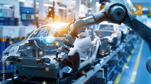 Car Factory Digitalization: Automated Robot Arm Assembly Line Manufacturing High-Tech Sustainable Electric Vehicles © zipop