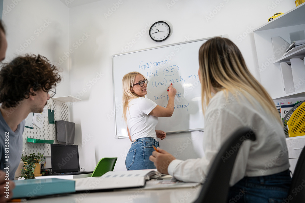 A language professor instructs students in foreign language at a diverse language school. A language professor instructs students in foreign language at a diverse language school.