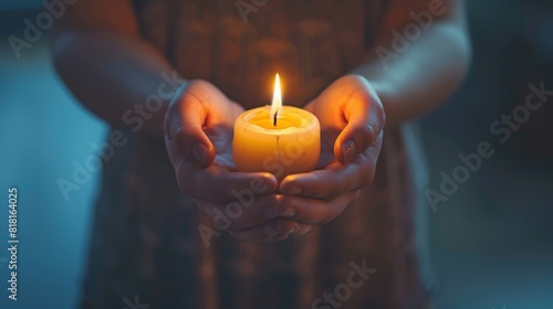 prayer - Burning candle in female hands with selective focus