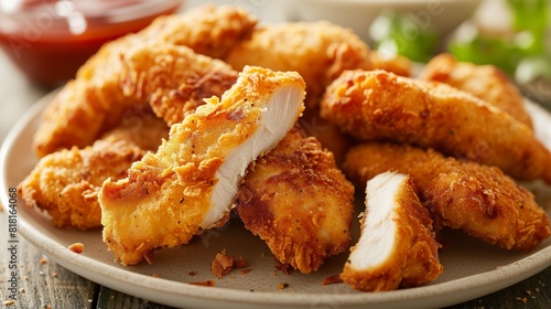 Close-up golden, crispy chicken tenders arranged on plate, delicious snack or meal concept