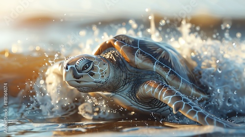 Create a mesmerizing CG 3D rendering of the Kemps ridley turtle rising from the waves photo