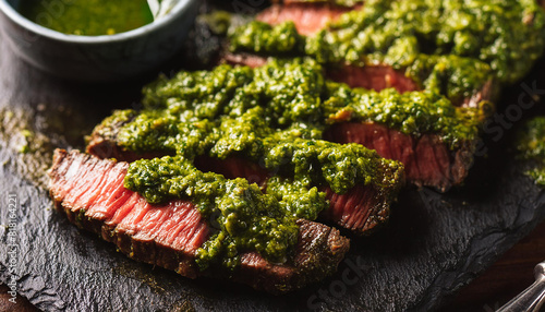 Tasty grilled wagyu bavette steak with chimichurri sauce on dark table. Delicious food for dinner. photo