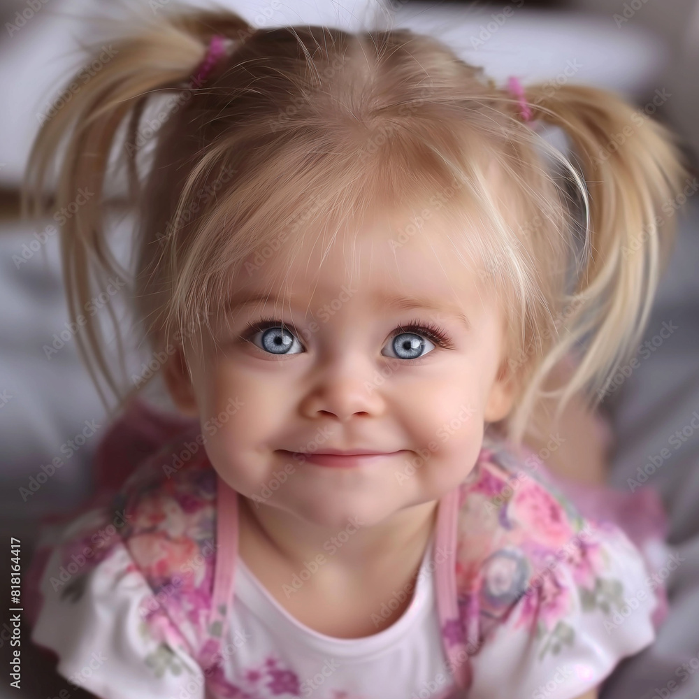Smiling Toddler Girl with Blonde Hair and Blue Eyes Indoors, Baby portrait, Bright and Airy High-Key Lighting, AI Generation Smiling Toddler Girl with Blonde Hair and Blue Eyes Indoors, Baby portrait, Bright and Airy High-Key Lighting, AI Generation