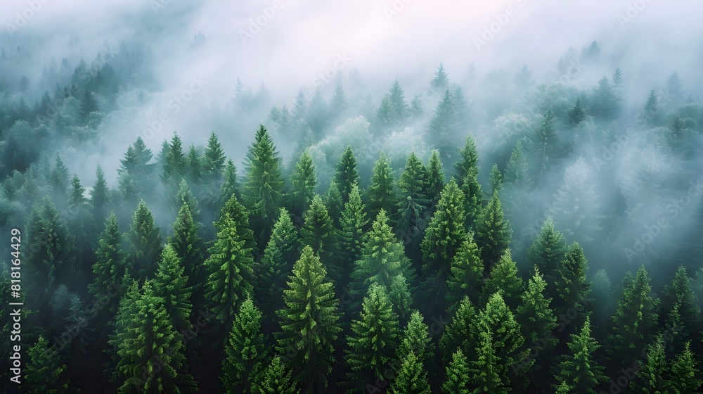 Aerial view of Nordic forest in fog. Green pine trees, top view. Nature landscape. Aerial view of Nordic forest in fog. Green pine trees, top view. Nature landscape.