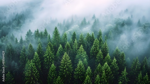 Aerial view of Nordic forest in fog. Green pine trees  top view. Nature landscape.