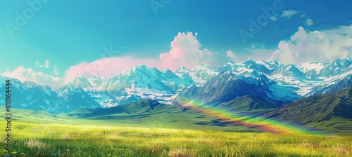 Behind the green grassland were white snow-capped mountains  the sky was blue  and there was a rainbow.