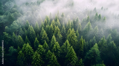 Aerial view of Nordic forest in fog. Green pine trees, top view. Nature landscape.