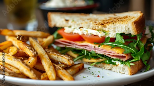 Ham, cheese, arugula, tomato sandwich with a plate of French fries, © Syed M . Taqi Shah