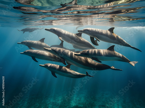 An underwater view of a pod of dolphins swimming gracefully beneath the surface, their streamlined bodies surrounded by shimmering rays of sunlight filtering through the water. © Md