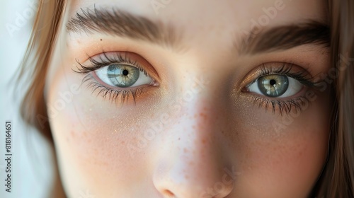 Beautiful female brown eyes with cat eye makeup. Close-up. Smooth skin with natural makeup for eyelashes, eyebrows and eyelids