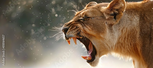 Close up of a lioness roaring with a whiye background 