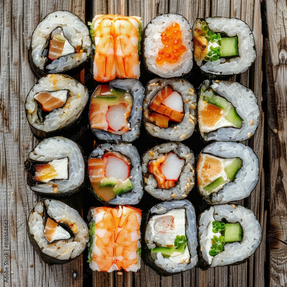 Uramaki Sushi Rolls with Shrimps, Eel, Salmon and Cucumber Outside on Natural Wooden Background Uramaki Sushi Rolls with Shrimps, Eel, Salmon and Cucumber Outside on Natural Wooden Background