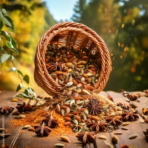 spices cascade from a rustic woven basket