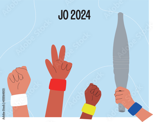 Torch relay 2024, hand holding the flame, sportsmens in olympic games vector illustration