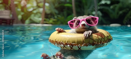 Ferret with Pink Sunglasses Floating on an Ice Cream Float: A fun-loving ferret in pink sunglasses, relaxing on an ice cream cone-shaped pool float in a pool with tropical surroundings.