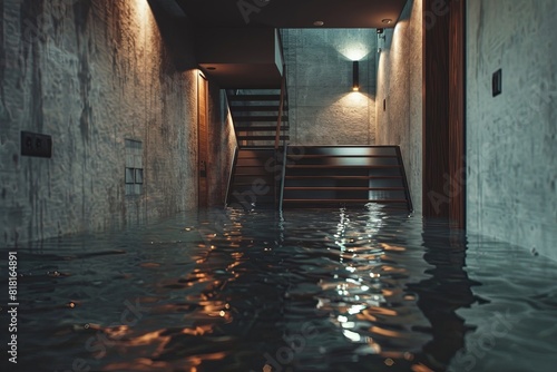Floodwater being drained from a basement, showing the extent of water damage on walls and floors.