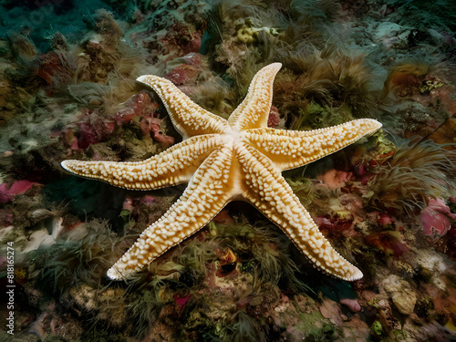 An intricately patterned starfish sprawled on a bed of vibrant coral  its arms outstretched like rays of sunshine
