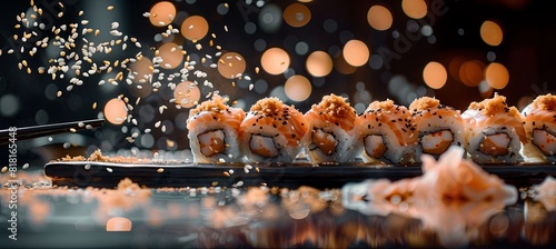 California sushi set, shrimp rolls, sesame seed sprinkles are flying around, soy sauce is dripping photo