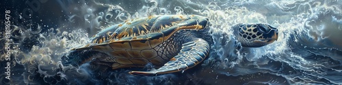 Capture the majestic sight of a massive Leatherback turtle in intricate detail as it gracefully dives into the deep sea photo