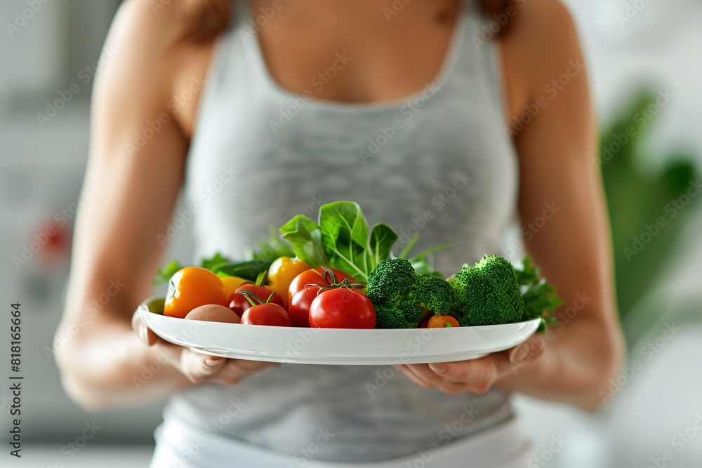 Bright fresh vegetables on plate held by woman focused on health Bright fresh vegetables on plate held by woman focused on health