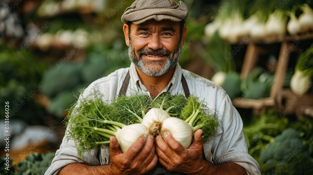 Obraz premium A farmer's hands holding a bundle of fresh fennel.