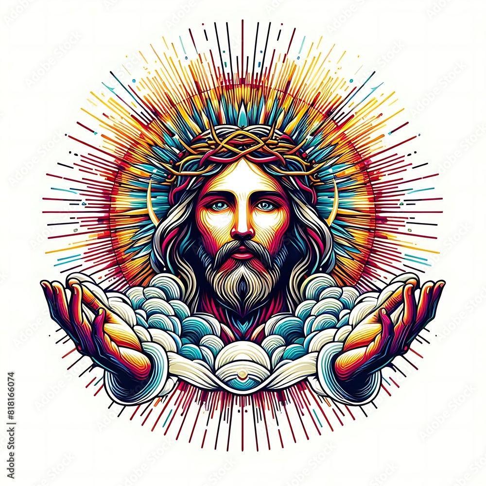 A colorful artwork of a jesus christ holding his hands up has illustrative card design attractive realistic.