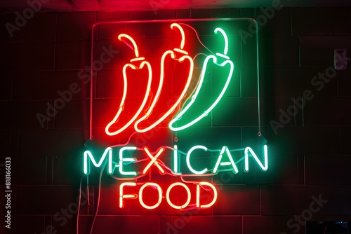 Vibrant neon sign with chili peppers illuminating MEXICAN FOOD evokes fiery flavors photo