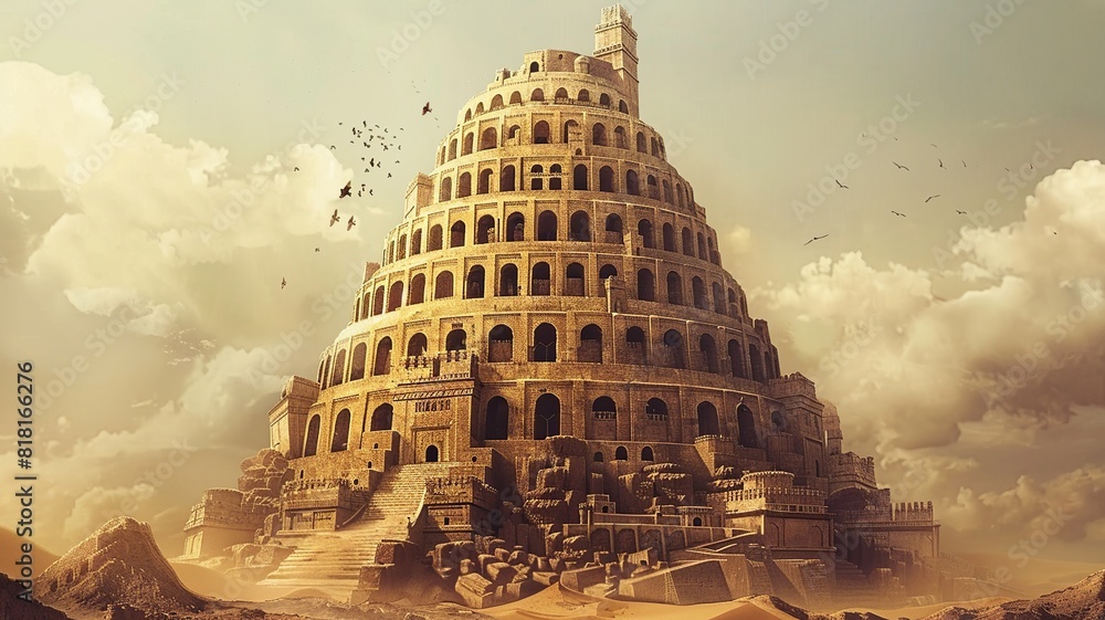Obraz premium A minimalist illustration of the Tower of Babel, crafted with clean lines and simple shapes to depict the iconic structure symbolizing human ambition and the diversity of languages